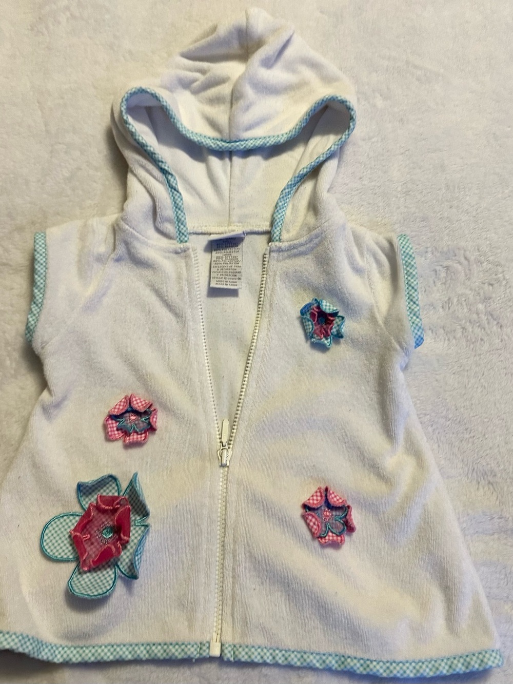 White Hooded Baby Bath Vest with Pink & Blue Flower Appliqués